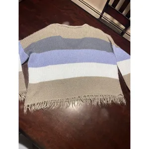 Striped Knit Poncho Sweater Fringe Trim Cozy Layering Piece‎ T-17 thumbnail 3