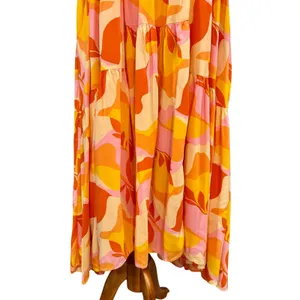Abel The Label Boho Abstract Tiered Trapeze Maxi Dress Orange Pink, Size M thumbnail 7