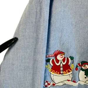 Vtg Christmas Snowman Shirt Chambray Denim Holiday Button‎ Down Top S Festive thumbnail 8