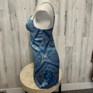 Forever 21 Bandana Print Satin Mini Dress Womens S Blue Paisley Bodycon Slip thumbnail 2