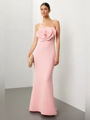 Badgley Mischka Strapless Pink Maxi Gown with Floral Appliqué 10 thumbnail 3