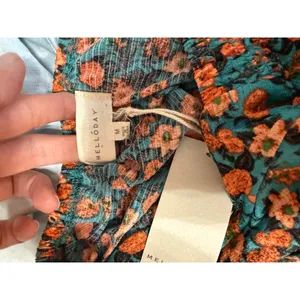 Melloday Teal Floral Smocked Square Neck Ruffle Sleeve Blouse Medium‎ NWT thumbnail 5