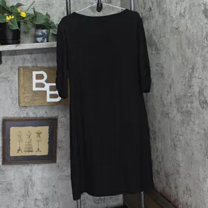 NWT 24Seven Comfort Apparel Womens Shiny Knit Ruched 3/4 Sleeve Dress Black 1X thumbnail 2