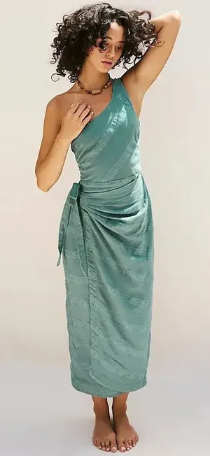 Free People One-Shoulder Teal Wrap Midi Dress thumbnail 1
