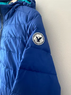 American Eagle 2012 Puffer Jacket Coat Large Blue Down Filler Zip Trendy Hooded thumbnail 2