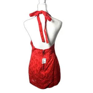 Free People Embroidered Halter 100% Cotton Red Trevi Eyelet Mini Dress Sz L NWT thumbnail 6