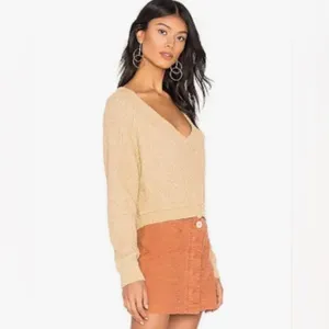 Free People V-Neck High Low Slouchy‎ Cropped Textured Knit Sweater Camel Size XS thumbnail 7
