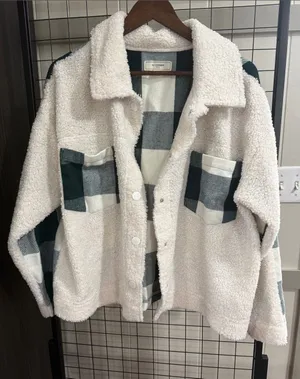 No Comment Teddy Sherpa Jacket with Green Plaid Pockets thumbnail 1