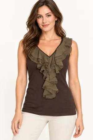 Lauren Ralph Lauren XS Brown Sleeveless Ruffle Front Stretch Top thumbnail 1