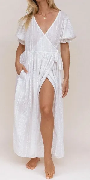 Daughters of India Uma Textured Cotton Wrap Maxi Dress White Size XL thumbnail 1