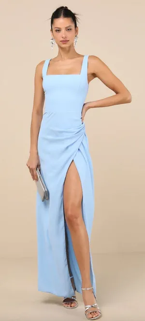 Lulus Glamorous Disposition Light Blue Ruched Maxi Dress Formal Long Medium NWT thumbnail 1