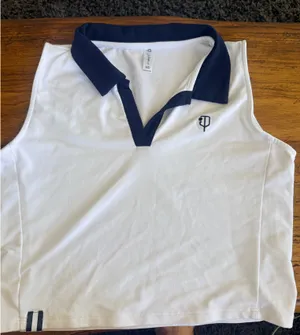 J. Pritchard Hamptons Crop Polo Medium White Navy Tennis Golf Pickleball $98 EUC thumbnail 5