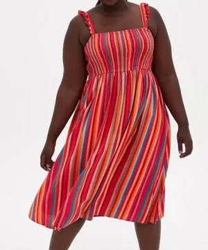 Torrid Pink Stripe Challis Smocked Tiered Midi Dress thumbnail 1
