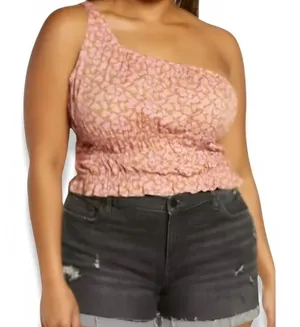 BP Allison One Shoulder Crop Top Floral Pattern Shirred Waist Pink W Small NWOT thumbnail 1