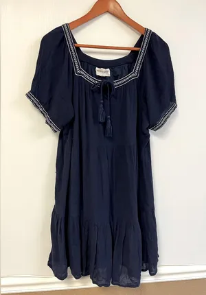 Anthropologie Olive+Oak Dress L Navy Blue Shift Short Tasseled ShortSleeve Lined thumbnail 1