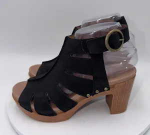Dansko Demetra Black Leather Cutout Platform Sandals Wood Block Heel Women 6-6.5 thumbnail 1