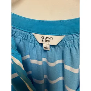 Crown & Ivy Blue White Striped Rayon Peasant Blouse Women's Large Coastal Top thumbnail 5