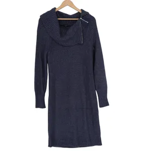 White House Black Market Navy Marled Zip Cowl Neck Knit Sweater Dress Medium thumbnail 2