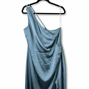 NEW Lulus Signature Elegance Slate Blue Satin One-Shoulder Pleated Maxi Dress 1X thumbnail 9