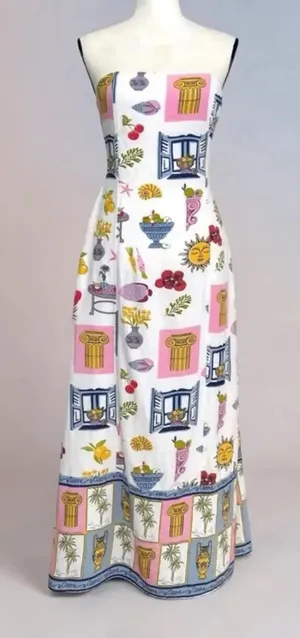 Japna Strapless Maxi Dress XS Mediterranean Greece Coastal Print Linen Blend NWT thumbnail 1