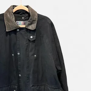 Vintage 90s Black Cotton Maxi Barn Jacket Leather Collar Oversized Small thumbnail 6