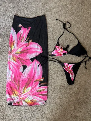 NWT Black Bikini Set with Hot Pink Floral Print and Matching Sarong / M39 thumbnail 1