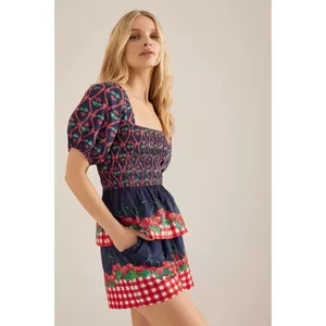 Damson Madder Allegra Cherry Pie Smocked Peplum Top UK 14 US 10 Puff Sleeve Tea thumbnail 3