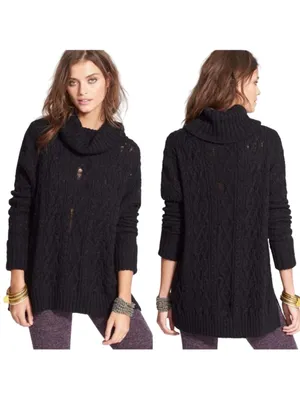 Free People Distressed Cable Knit Turtleneck Sweater Oversized Cowl Black Small‎ thumbnail 2