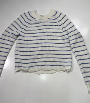 Autumn Cashmere White Crewneck Sweater with Blue Stripes thumbnail 1