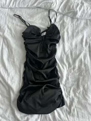 Oh Polly Black Ruched Satin Mini Dress with Plunge Neckline thumbnail 2