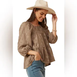 Hayden Women’s Brushed Floral Detailed Puff Sleeve Square Neck Top L thumbnail 2