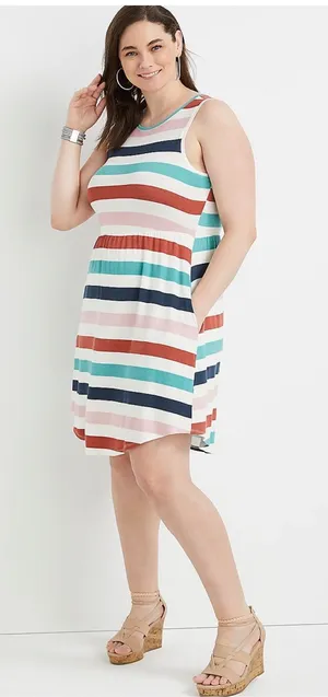 Maurices Plus Size 24/7 White Teal Striped Empire Waist Mini Dress with Pockets thumbnail 1