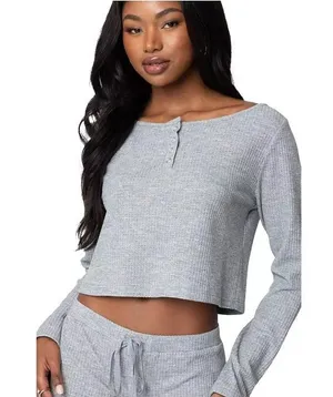 Edikted Women's Teddy Cropped Waffle Top Size Medium NEW Causal Comfort Lounge thumbnail 1