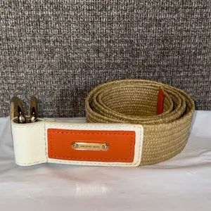 Michael Kors Woven Straw Belt Tan Orange White Leather Gold D-Ring Buckle 42" thumbnail 2