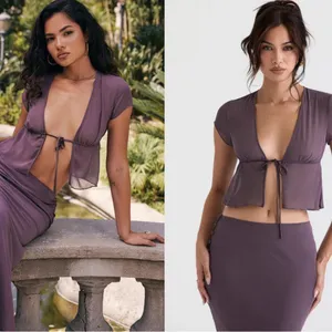 NWT House‎ of CB 'Maia' Dark Muave Tie Front Top Sz 4 $135 thumbnail 5