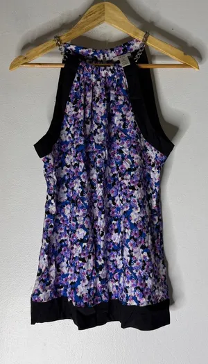 Cache Silk mock neck sleeveless‎ floral blouse Silver Chain straps Medium thumbnail 1