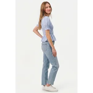 SO ME Stripe Smocked Bodice Puff Sleeves Blouse Top‎ - Blue - Large thumbnail 3