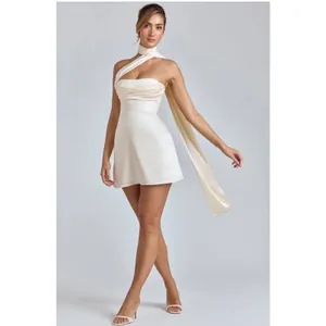 Oh Polly Anastasia Draped Halterneck Satin Mini Dress in Ivory Size 0 New thumbnail 3