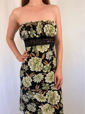 Strapless Green and Brown Floral Lace Y2k Party Dress thumbnail 2