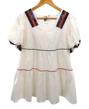 Queen of Sparkles White Sequin Jersey‎ Mini Dress 005 Tiered Babydoll Cotton XS thumbnail 1