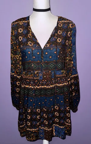 Altar’d State Bohemian Long Sleeve Floral Print Mini Dress thumbnail 1