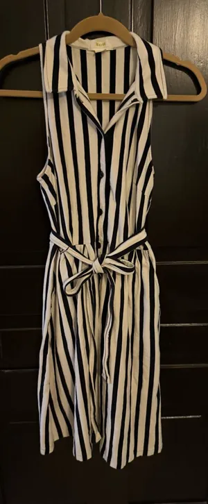 Maeve Navy and White Vertical-Stripe Midi Shirt Dressy thumbnail 1