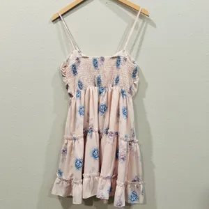 Floral Tie Front Tiered Ruffle Mini Dress Pink/Blue Rose Smocked Back Summer - L thumbnail 5