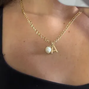 Gold A Initial Necklace with White Stone Charm thumbnail 1