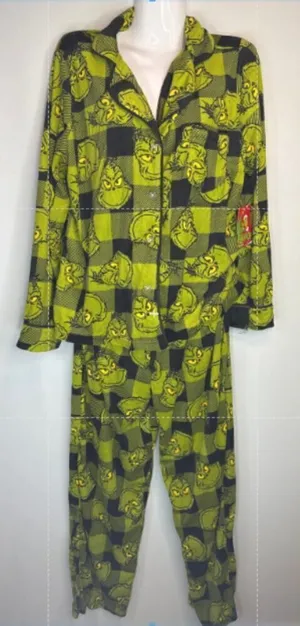 Dr. Seuss The Grinch Plaid Christmas 2‎ piece Pajama Set Women's Medium NWT thumbnail 1