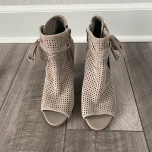 Open Toe Bootie Perforated Suede Bow Tie Taupe-8M thumbnail 3