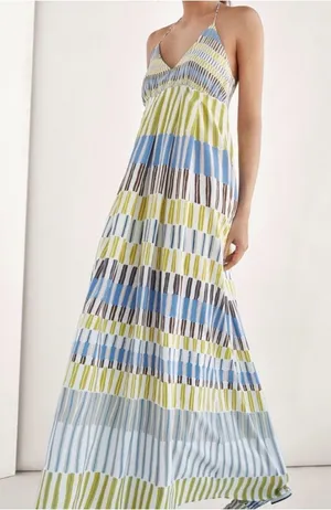 Massimo Dutti Silk Maxi Halter Slip Dress (2) Painterly Stripes Multicolor Boho thumbnail 1