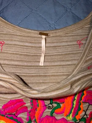 Free People Beige Striped Crop Top with Neon Floral Embroidery-mushroom combo thumbnail 3
