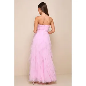 Lulus Delightful Beauty Pink Mesh Strapless Ruched Ruffled Maxi Dress XL NWT thumbnail 4