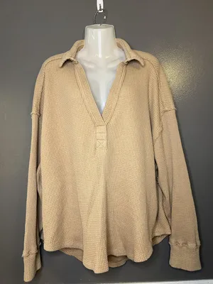 Aerie Shirt Womens XL Beige Collared Long Sleeve Thermal Waffle Knit Tunic Top thumbnail 2